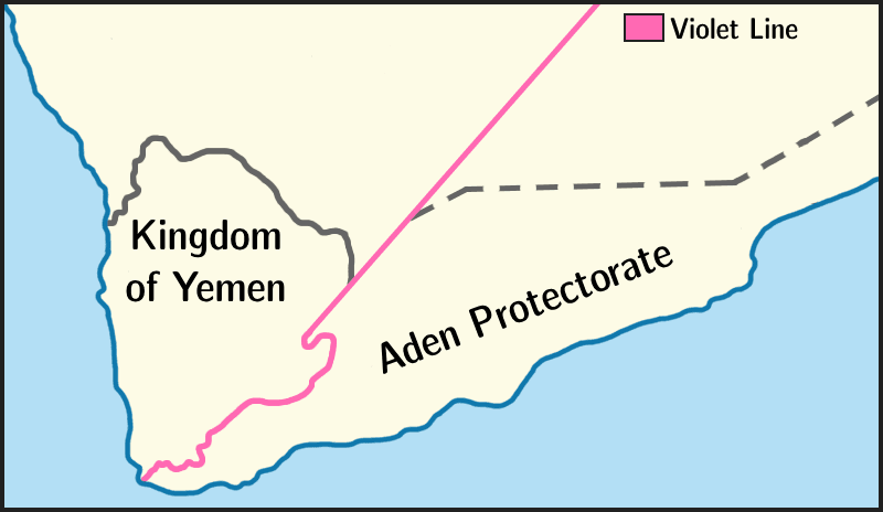 Map showing the Violet Line boundary between the Kingdom of Yemen and the Aden Protectorate.