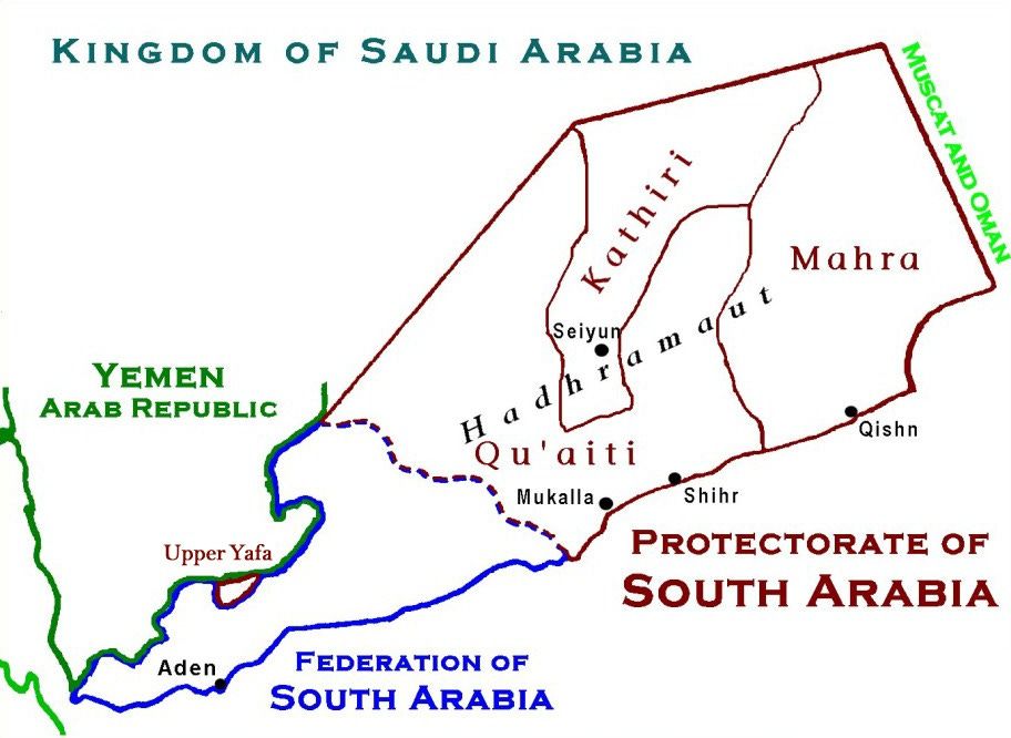 Political map of South Arabia, showing Saudi Arabia, Yemen, and the British Protectorate.