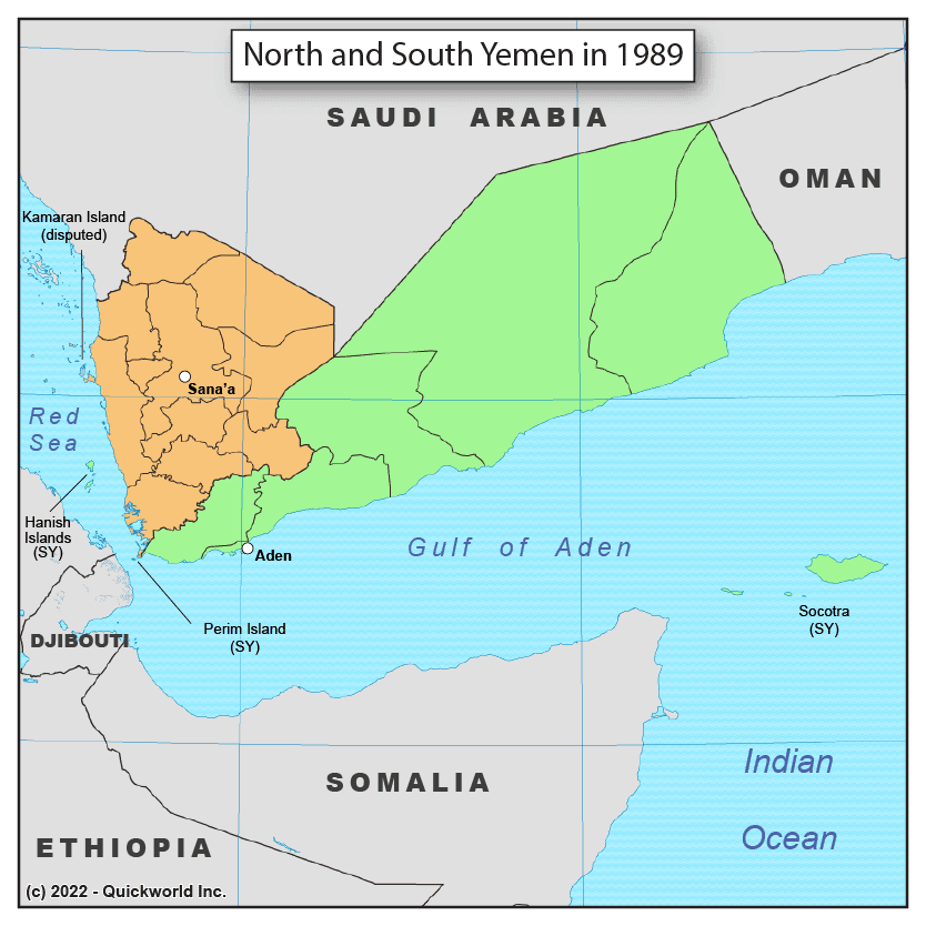 Map of the Yemen Arab Republic (North Yemen; in orange) and the People’s Democratic Republic of Yemen (South Yemen; in green)
